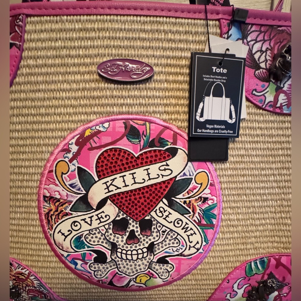 Ed Hardy Love Kills Slowly Straw Tote Bag Skull Rhinestone Tattoo Art Vegan NEW - Picture 16 of 16